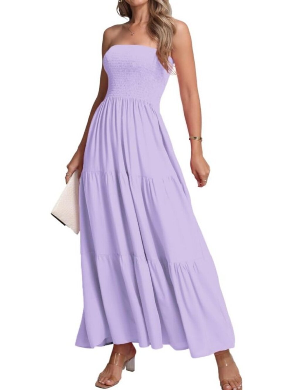 Women's Light Lilac Casual Off Shoulder Strapless Tube Top Beach Maxi Dress - Picture 5 of 6